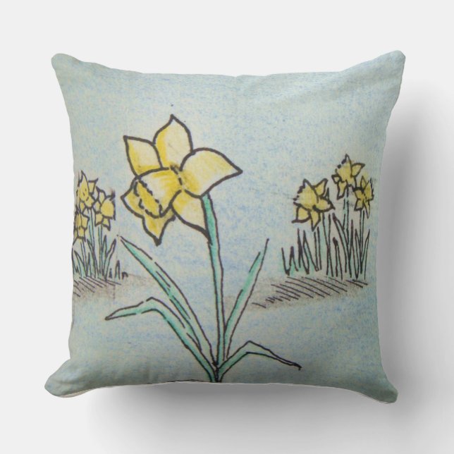 original ink and crayon sketch of yellow daffodils throw pillow (Front)