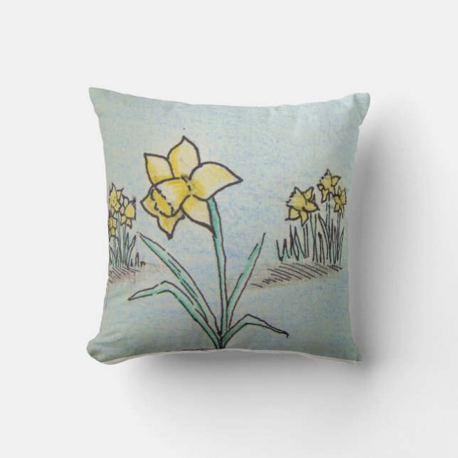 original ink and crayon sketch of yellow daffodils throw pillow (Front)
