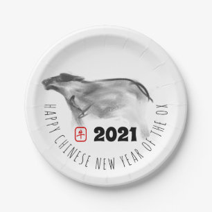 Original Painting OX Chinese New Year 2021 PP Paper Plate