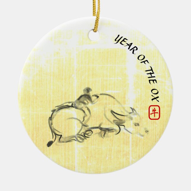 Original painting Water Buffalo Child Ox Year CRO Ceramic Ornament (Front)