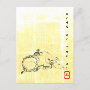 Original painting Water Buffalo Child Ox Year HpC Holiday Postcard