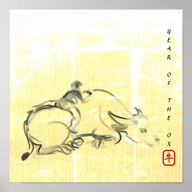 Original painting Water Buffalo Child Ox Year SqP Poster (Front)