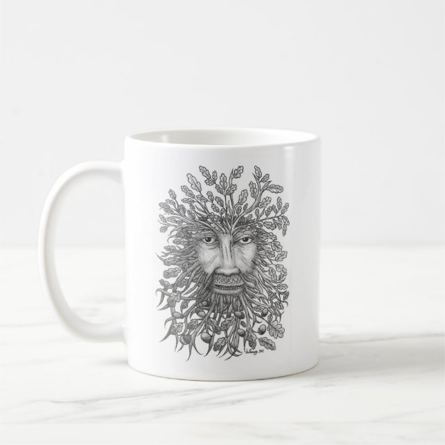 Original pen and ink drawing of a Green Man Coffee Mug (Left)