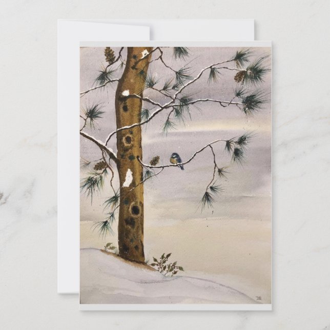 Original Pine and Bird in Snow Art on Blank Card (Front)