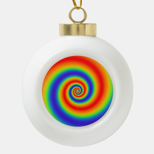 Original Rainbow Gradient Colourful Spiral Effect Ceramic Ball Christmas Ornament (Front)