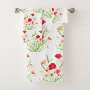 Original Red Poppies Flowers Floral Garden Orange Bath Towel Set