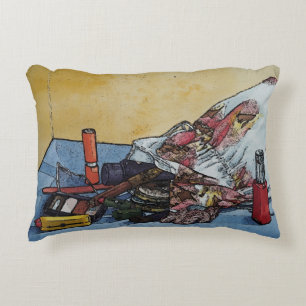 original still life picture of vintage make up bag accent pillow