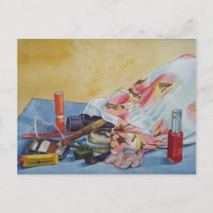 original still life picture of vintage make up bag postcard