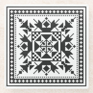 Original traditional ethnic Black cross-stitch Glass Coaster