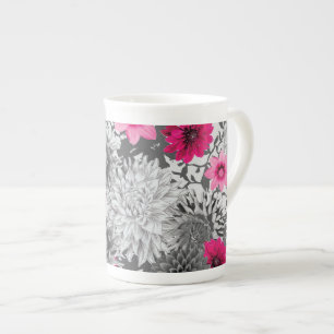 Original vibrant pink and grey floral mug