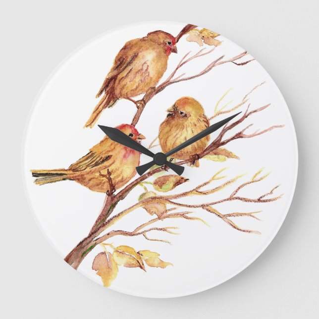 Original Watercolor Birds in Tree Large Clock (Front)
