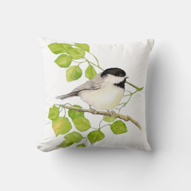 Original Watercolor Black Capped Chickadee Bird Throw Pillow (Front)