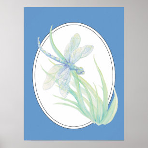 Original watercolor Blue Green Dragonfly Poster