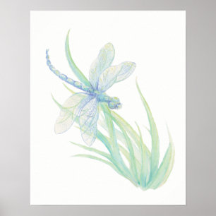 Original watercolor Blue Green Dragonfly Poster