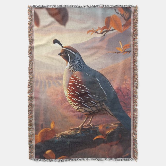 Original Watercolor California Quail Bird Throw Blanket (Front Vertical)