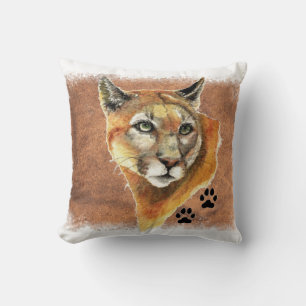 Original Watercolor Cougar Mountain Lion Puma Throw Pillow