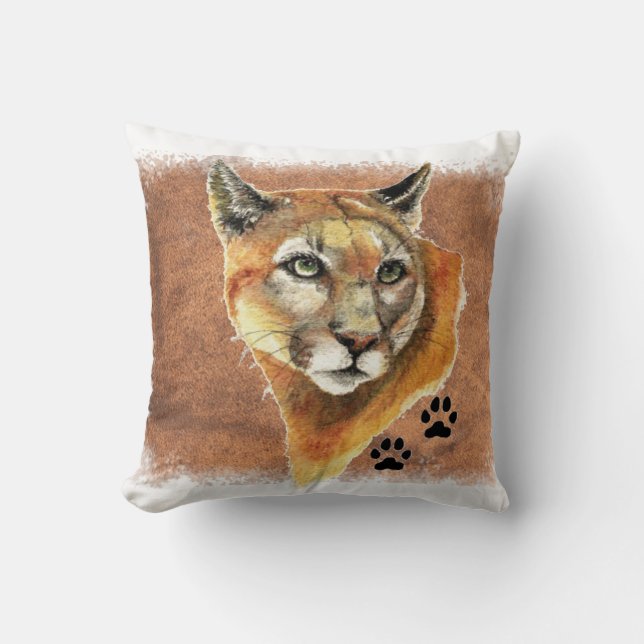 Original Watercolor Cougar Mountain Lion Puma Throw Pillow (Front)