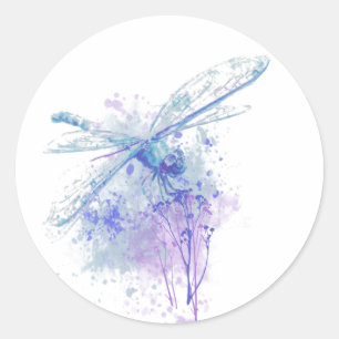 Original Watercolor Dragonfly in Blue Mauve Nature Classic Round Sticker