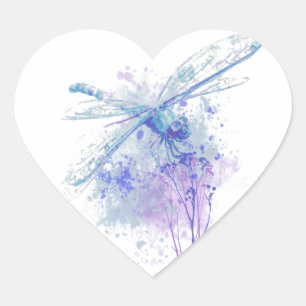 Original Watercolor Dragonfly in Blue Mauve Nature Heart Sticker