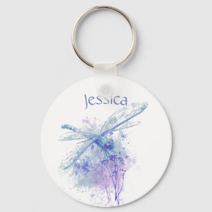 Original Watercolor Dragonfly in Blue Mauve Nature Keychain