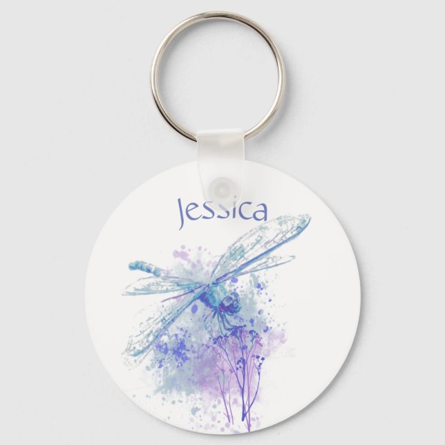 Original Watercolor Dragonfly in Blue Mauve Nature Keychain (Front)