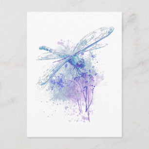 Original Watercolor Dragonfly in Blue Mauve Nature Postcard