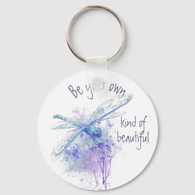Original Watercolor Dragonfly in Blue Mauve Quote Keychain (Front)