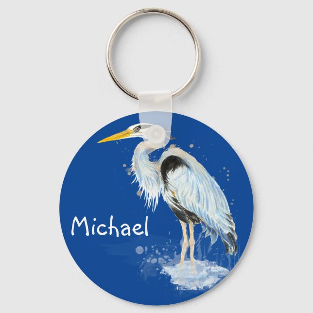 Original watercolor Great Blue Heron Bird Custom Keychain (Front)