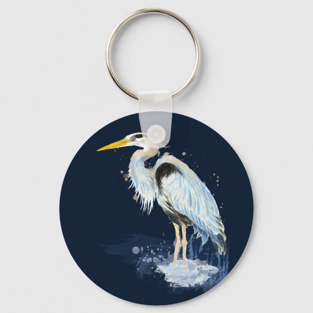 Original watercolor Great Blue Heron Bird Custom Keychain (Front)