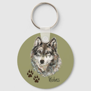 Original Watercolor Grey  Wolf- Tracks Animal Keychain