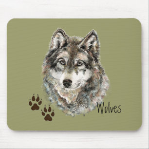 Original Watercolor Grey  Wolf- Tracks Animal Mouse Pad