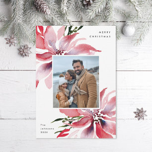 Original Watercolor Poinsettias Photo Holiday Card