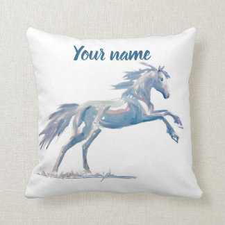 Original Watercolor rearing horse blue and pink Throw Pillow