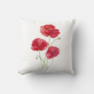 Original Watercolor Red Poppy Garden Flower Throw Pillow