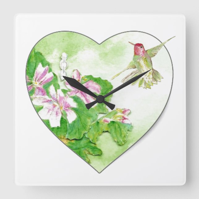 Original Watercolor Rufous Hummingbird Bird Square Wall Clock (Front)