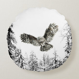 Original Watercolor Striking or Hunting Owl Bird Round Pillow