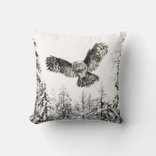 Original Watercolor Striking or Hunting Owl Bird Throw Pillow