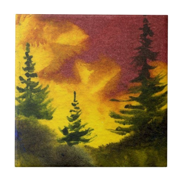 Original watercolor Sunset Pine Tree Tile (Front)