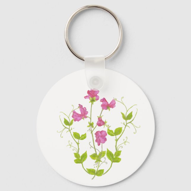 Original Watercolor Sweet Pea, Garden Flower Keychain (Front)