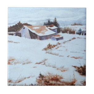 Original watercolor Winter barn landscape  Tile