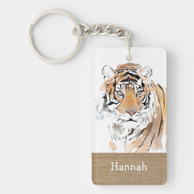 Original Watercolors Tiger Year Zodiac burlap Name Keychain (Front)