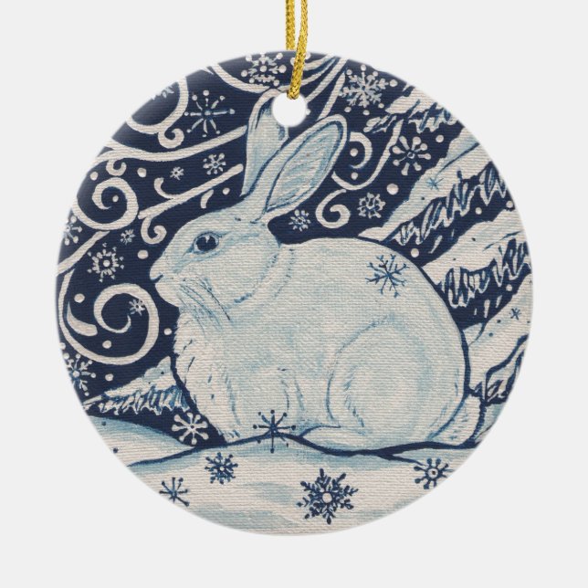 Original Winter Christmas Rabbit Blue & White Ceramic Ornament (Front)