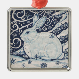 Original Winter Christmas Rabbit Blue & White Metal Ornament