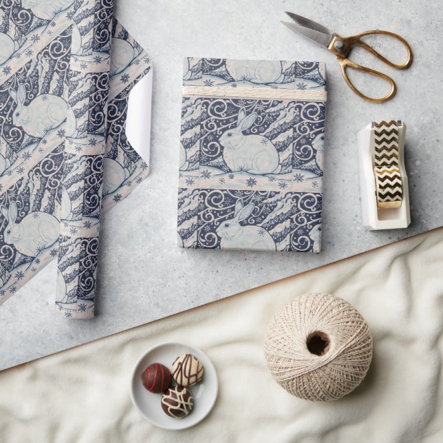 Original Winter Christmas Rabbit Blue & White Wrapping Paper (Crafts)