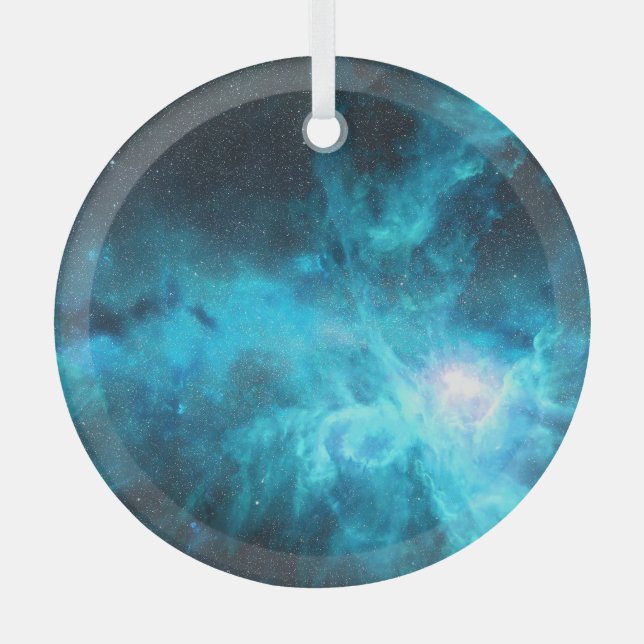 Orion nebula, blue light, astronomy. glass ornament (Front)
