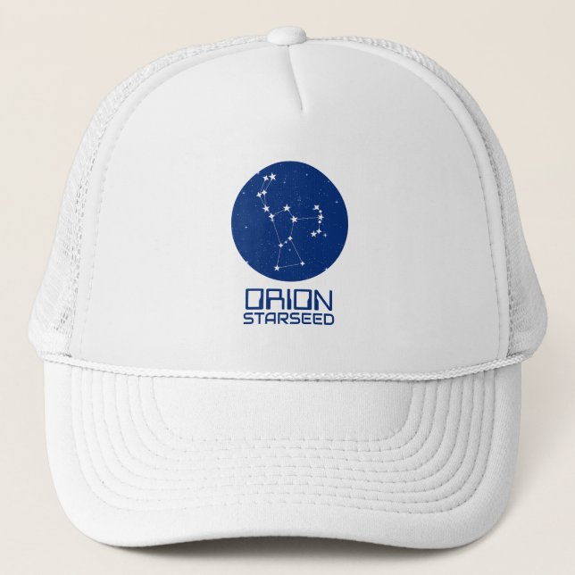 Orion Starseed Trucker Hat – Blue & White Design (Front)