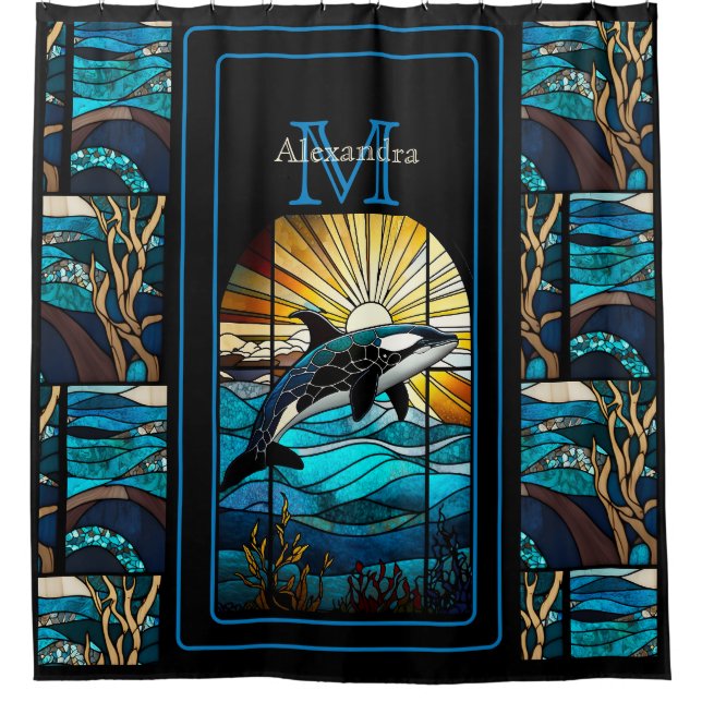 Orka Whale Stain Glass  Blues Black Modern Beach  (Front)