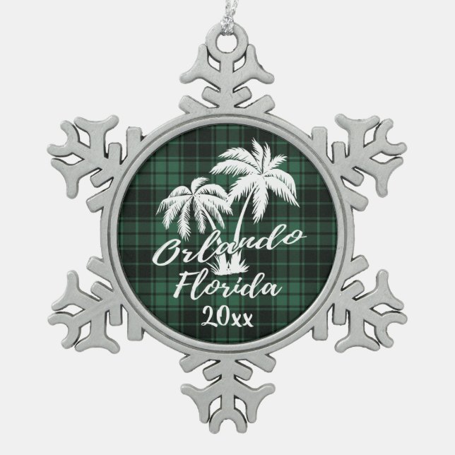 Orlando Beach Florida Palm Green Plaid Snowflake Pewter Christmas Ornament (Front)