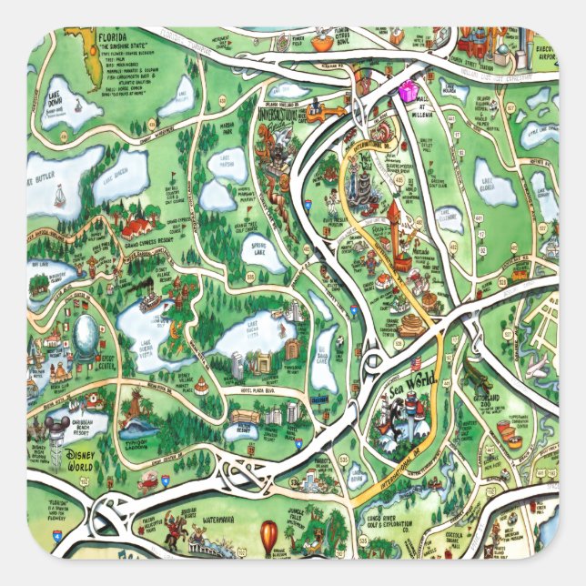 Orlando Florida Cartoon Map Square Sticker (Front)