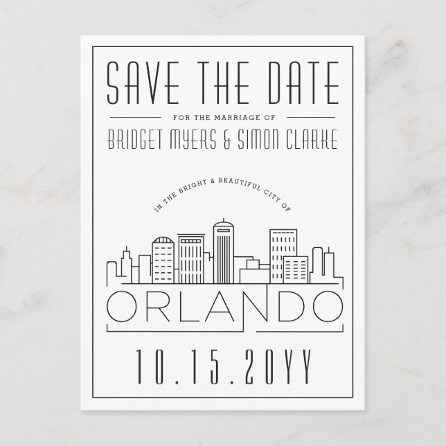 Orlando, Florida | Stylized Skyline Save the Date Postcard (Front)
